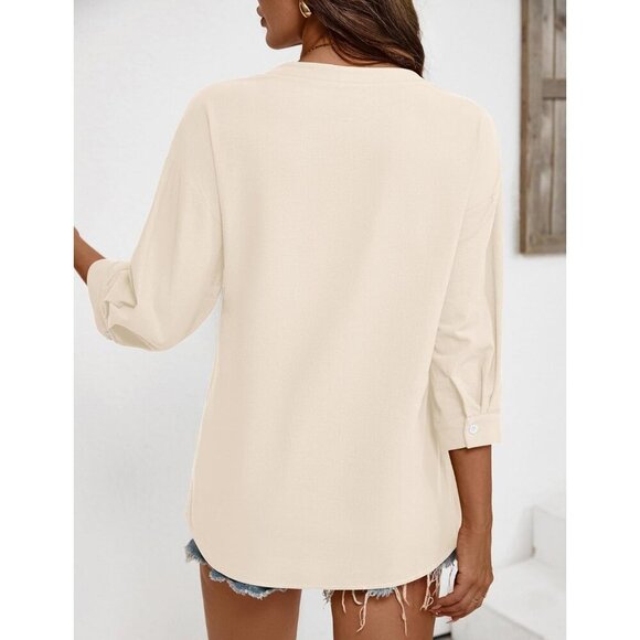 Women's Cotton Linen 3/4 Sleeve Button Down Shirt V Neck Casual Top - Picture 6 of 6
